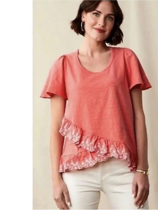 Matilda Jane Tops - MATILDA JANE Coral Ruffle Embroidered Hem Short Sleeve Top Sz M